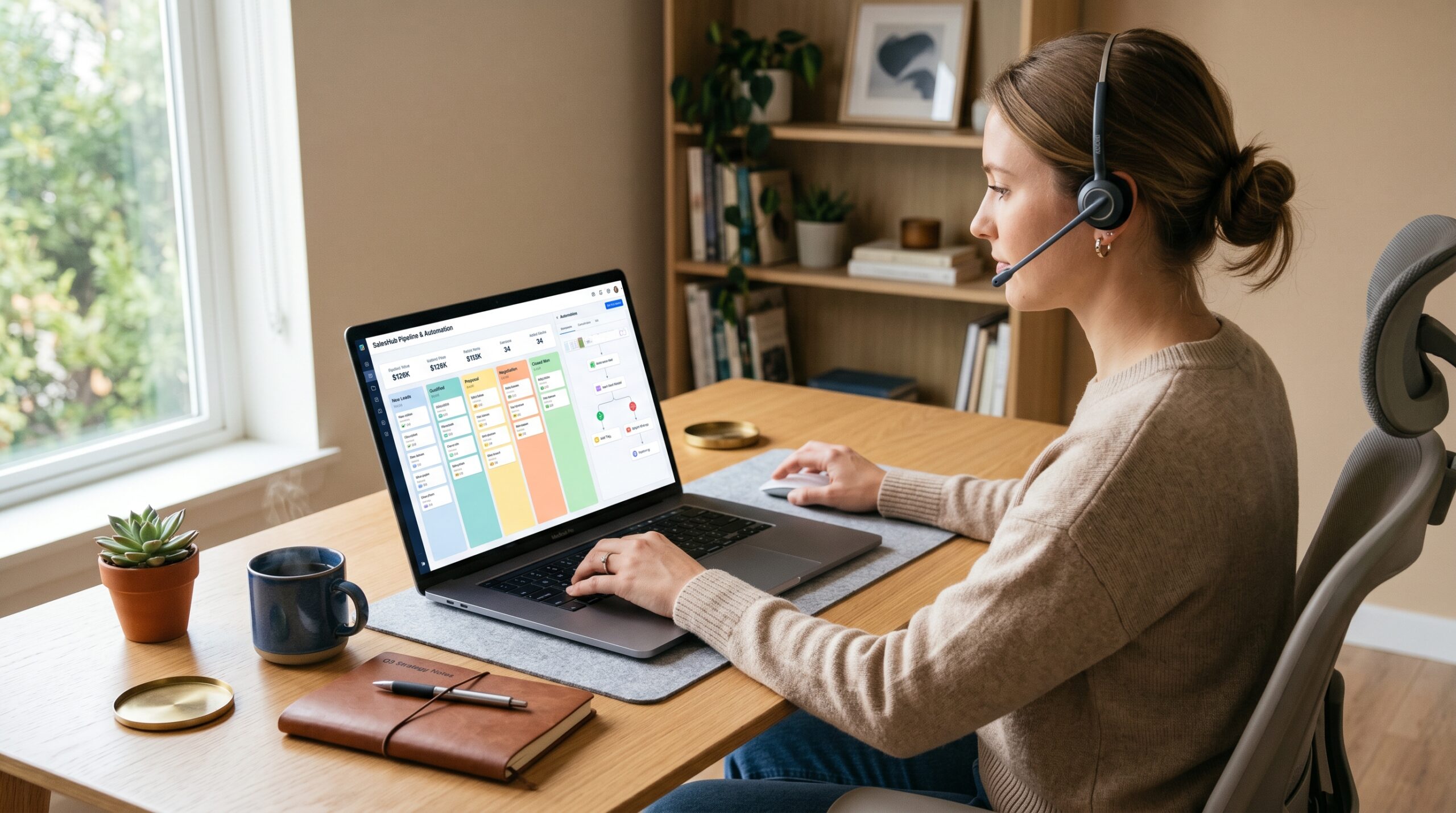 GoHighLevel virtual assistant working on a CRM dashboard for a marketing agency