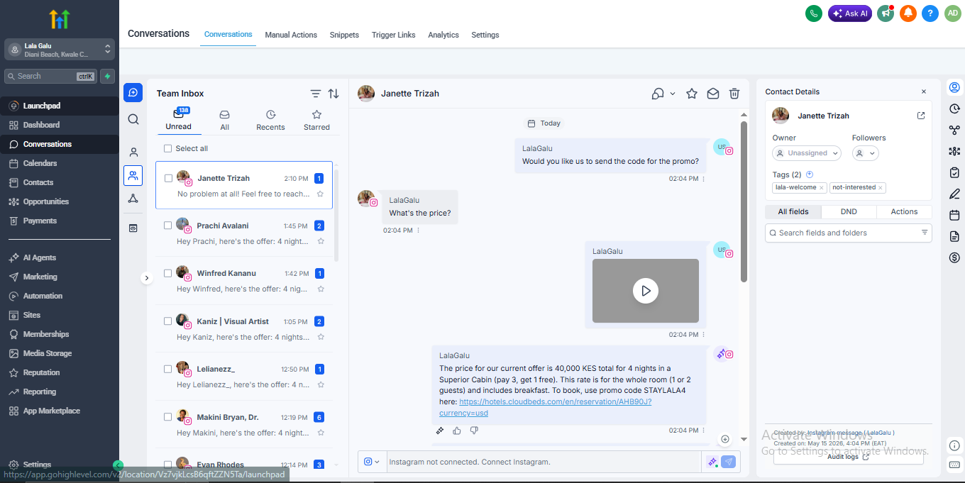 GoHighLevel Team Inbox Instagram DM Automation Setup workflow